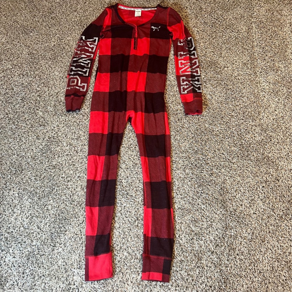 PINK‎ Victoria's Secret Red Black Buffalo Plaid Fleece Onesie Sleepwear Womens M